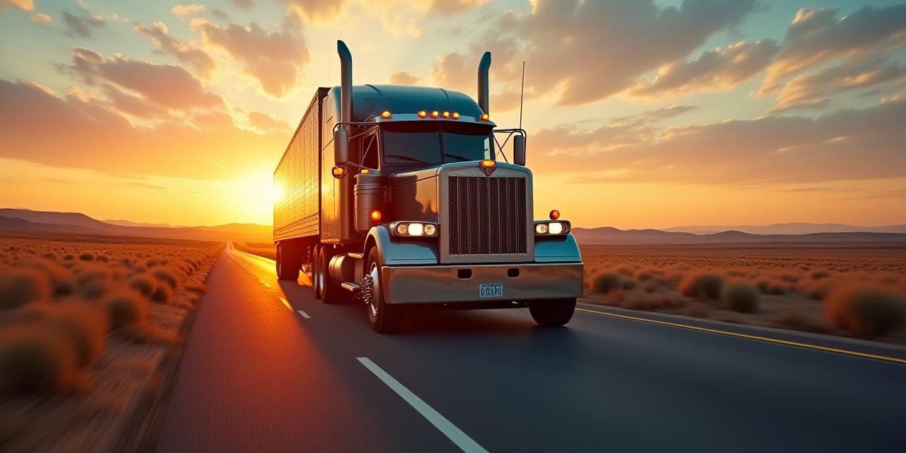 Panoramic view of a modern logistics fleet on a highway at dusk